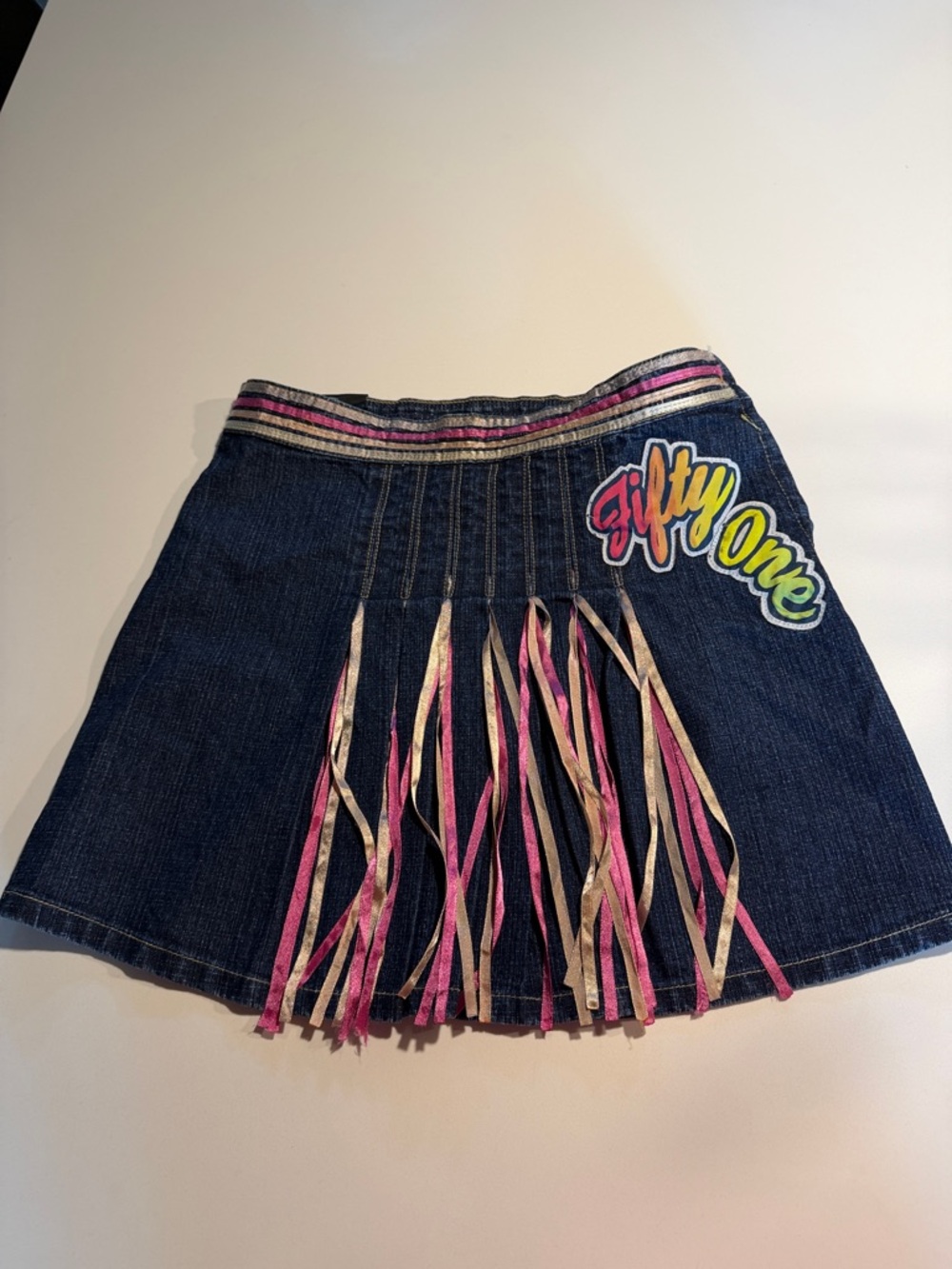 Fifty One Dark Denim Mini Skirt with Pink & Gold Fringe